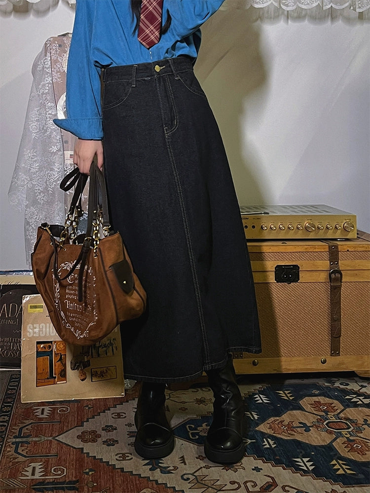Denim High-Waist Midi Skirt