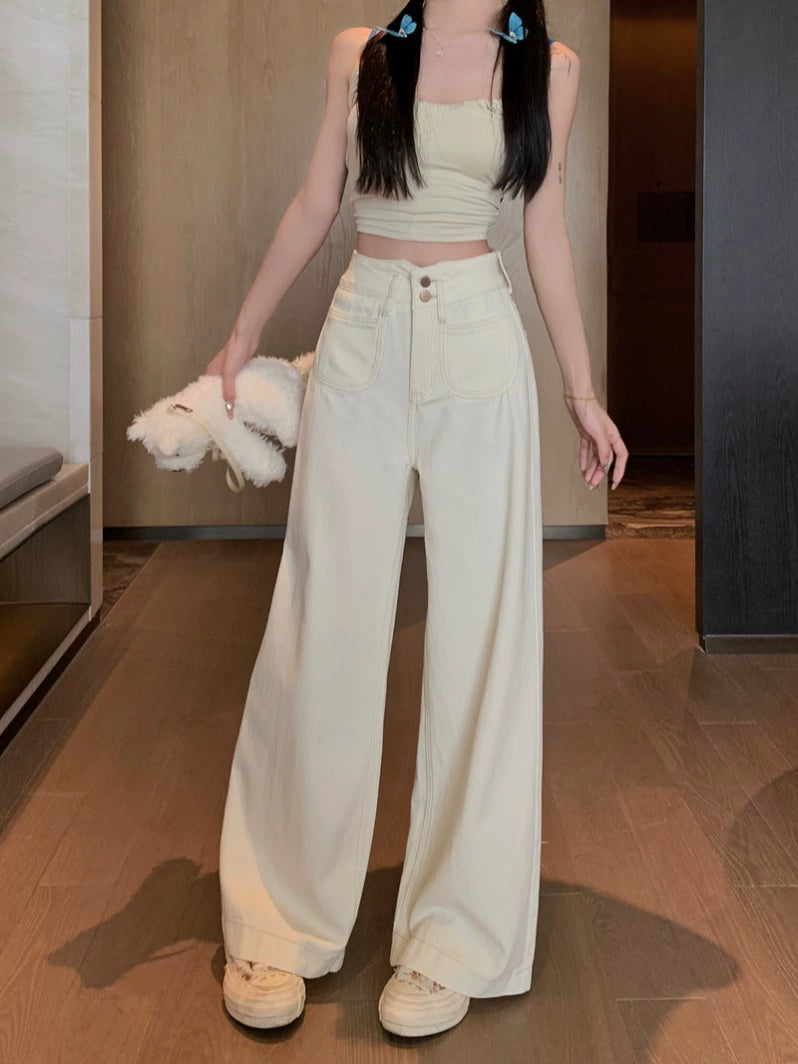 Button Closure Wide-Leg Denim Pants