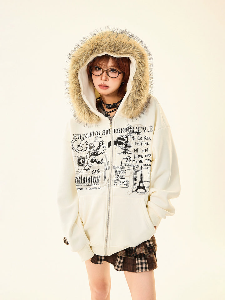Fur Hood Trim Fleece Sweatshirt
