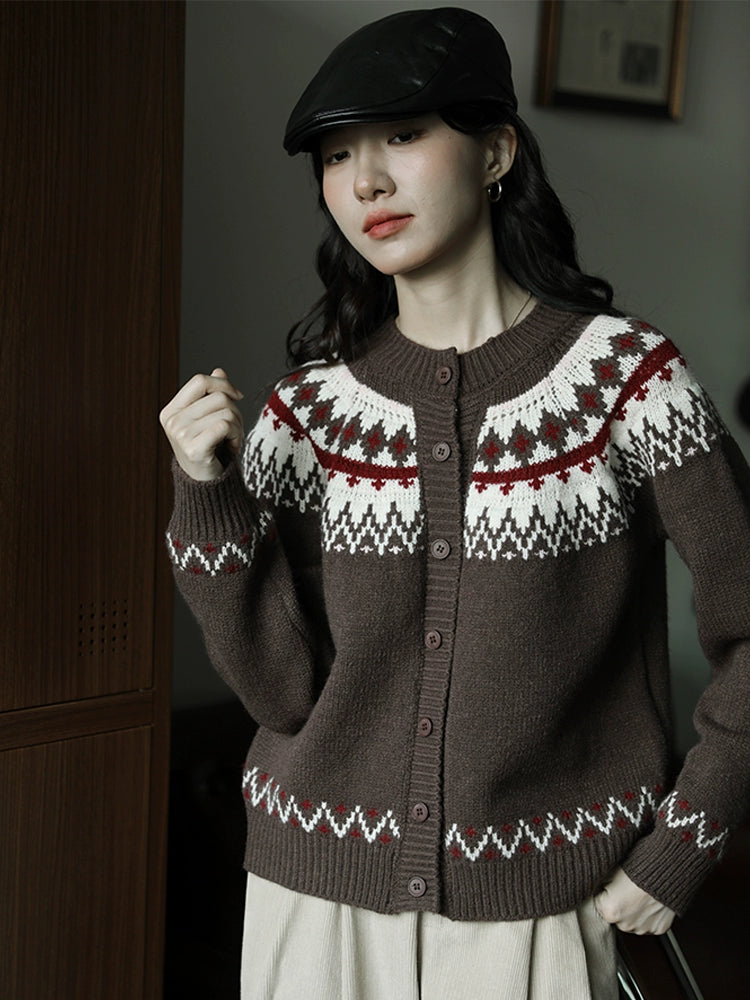 Patterned Knit Button-Up Sweater