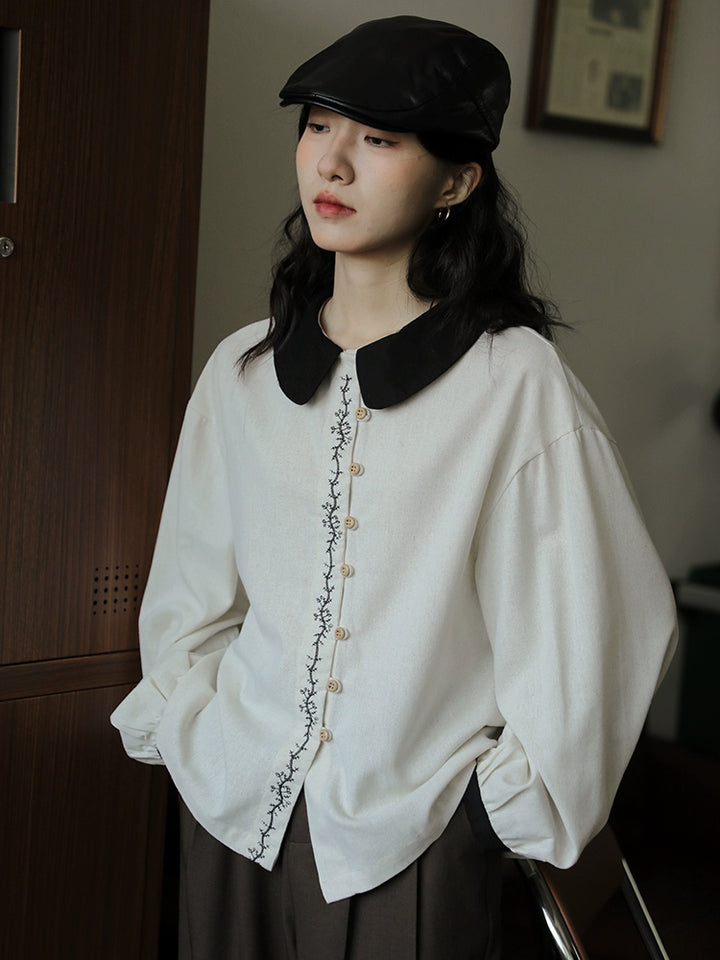 Contrast Collar Embroidered Button Shirt