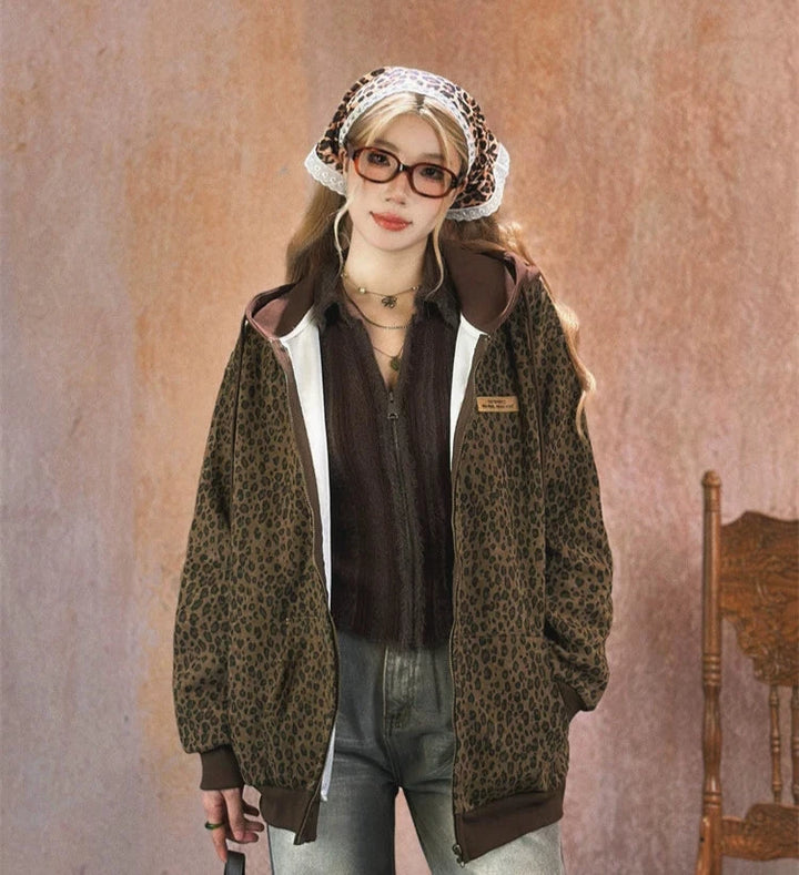 Leopard Print Hooded Short Coat