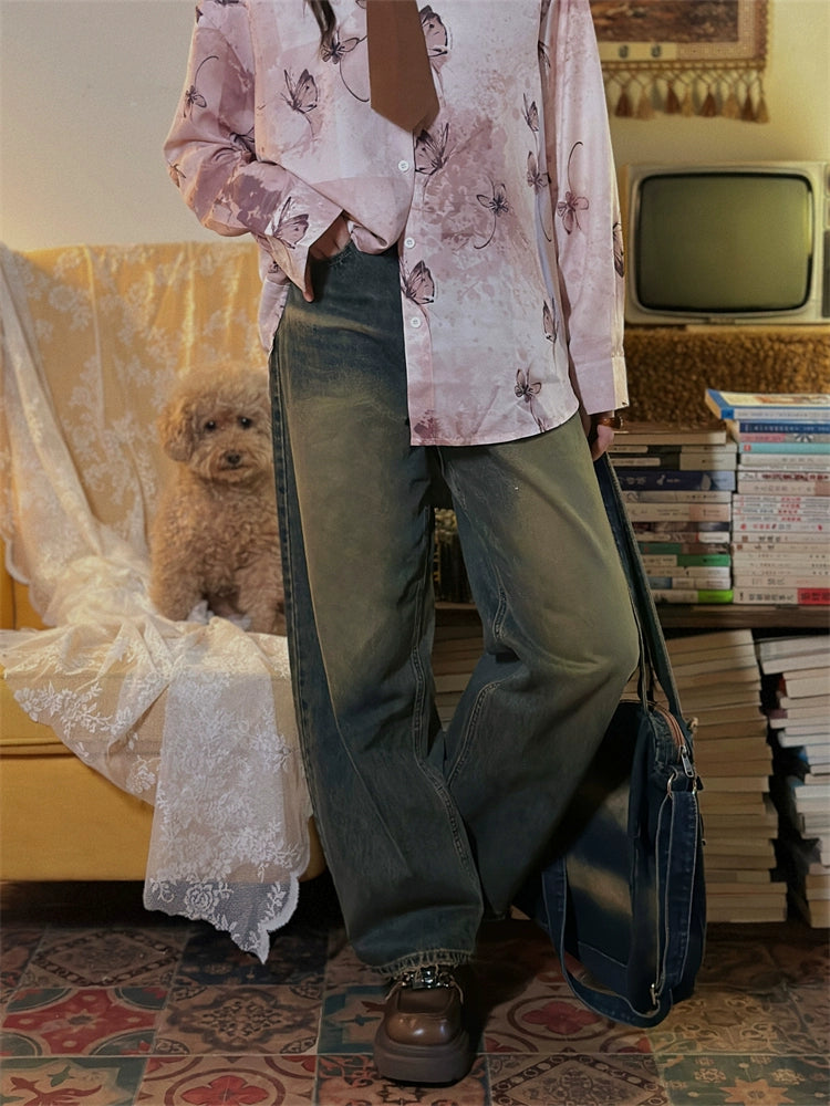 Vintage Washed Wide-Leg Denim Pants