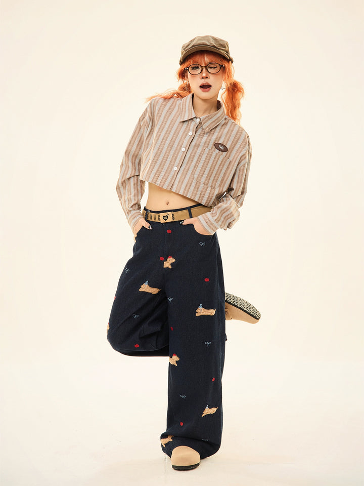 Embroidered Wide-Leg Casual Pants
