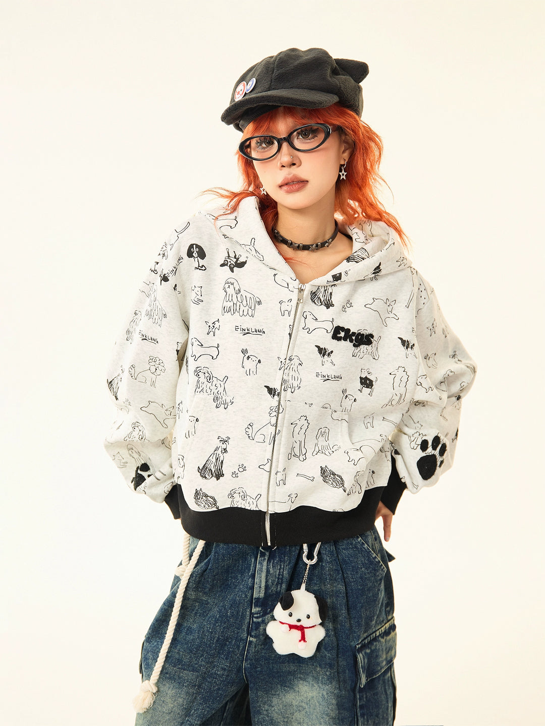 Graphic Print Ears Hooded Jacket