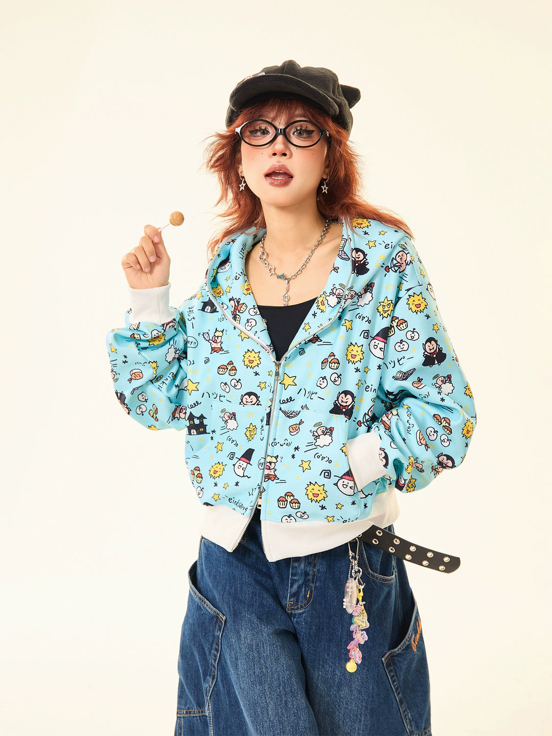 Cartoon Print Ear Hooded Sweatshirt