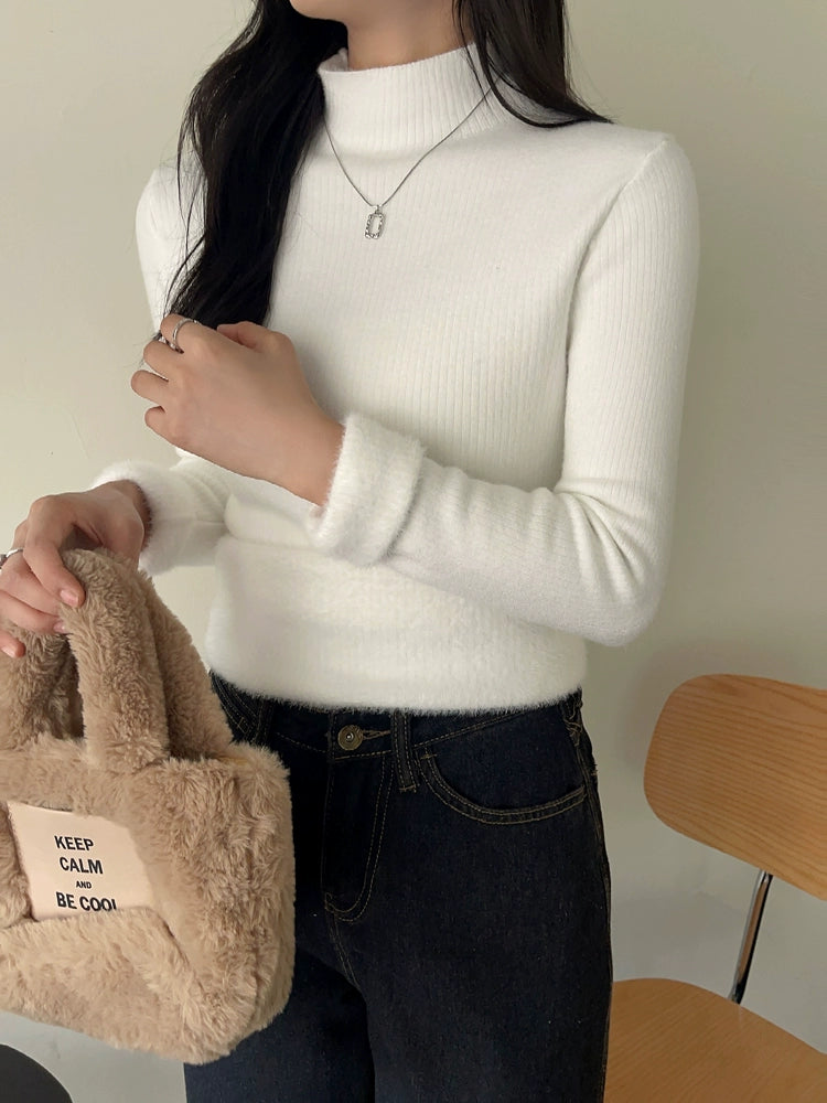 Mock Neck Ribbed Wool Sweater
