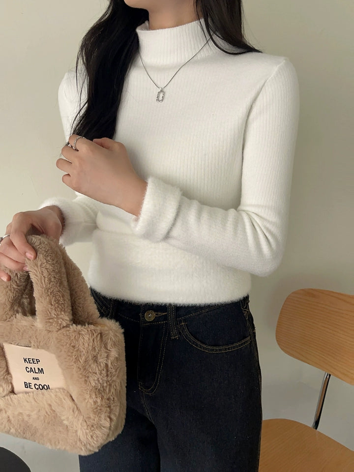 Mock Neck Ribbed Wool Sweater