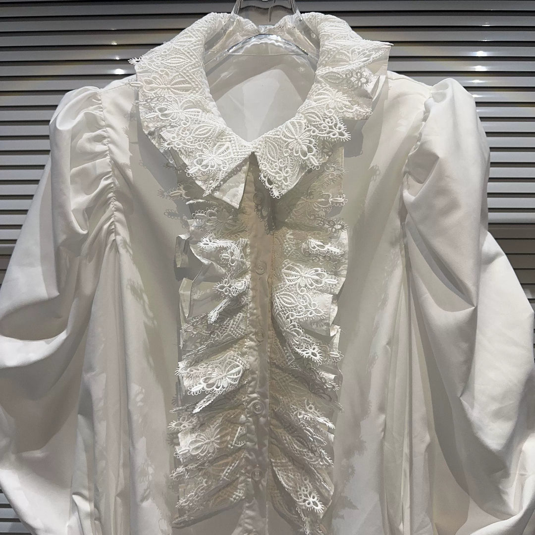 Puff Sleeves Lace Trim Ruffled Shirt
