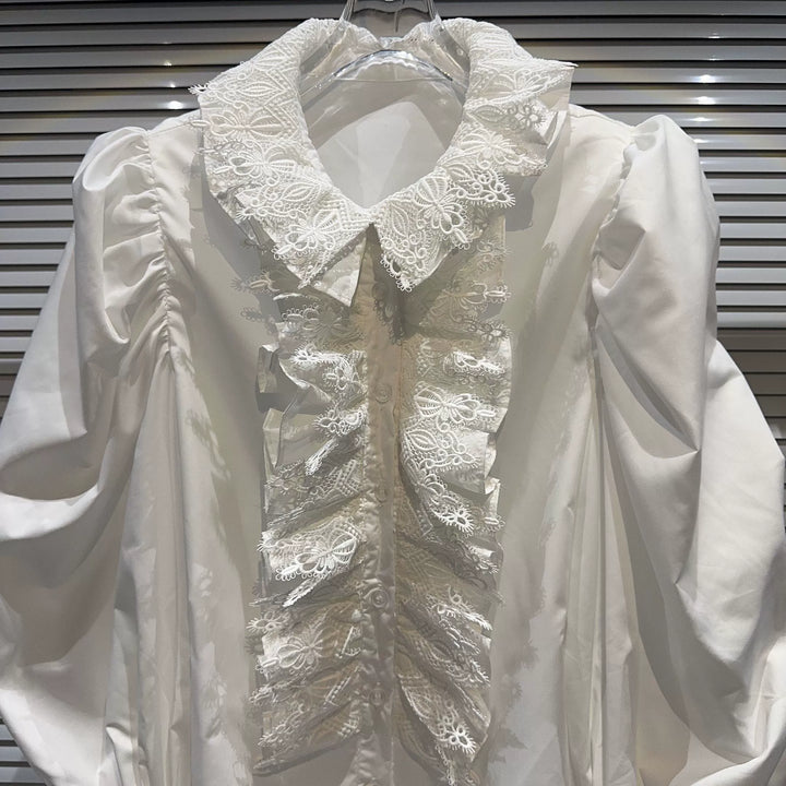 Puff Sleeves Lace Trim Ruffled Shirt