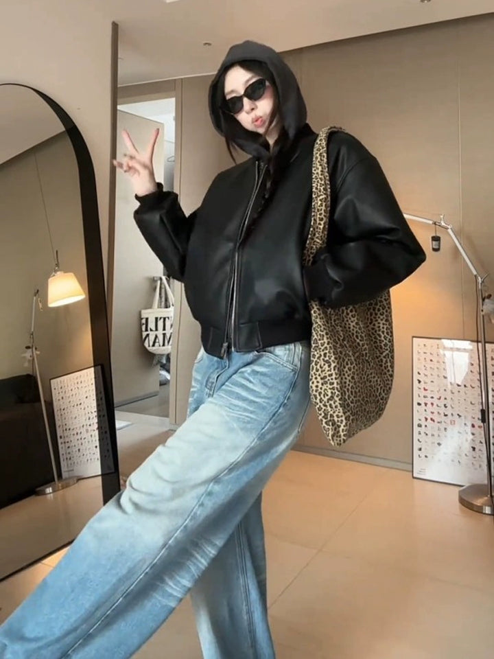 Casual Hooded Leather Jacket