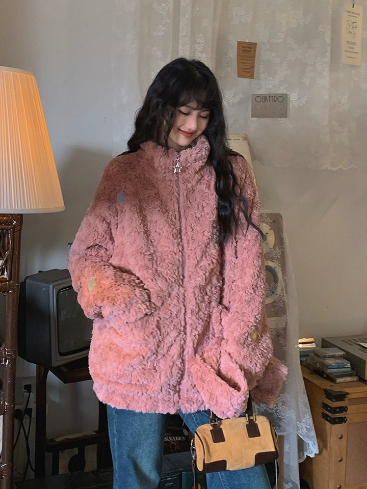 Star Patch Accent Faux Fur Short Coat