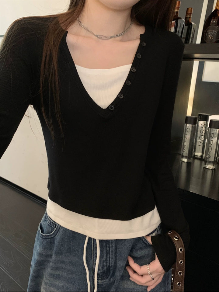 Long Sleeve Button Detail T-Shirt