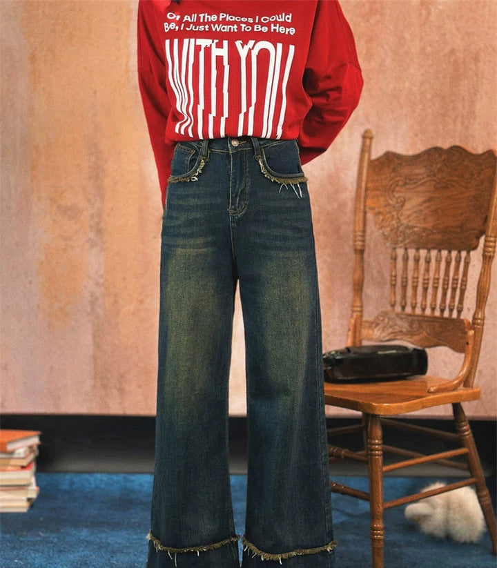 Wide Leg Frayed Hem Denim Pants