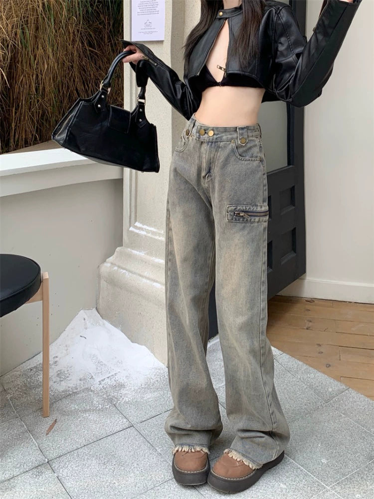 Wide-Leg Distressed Cargo Denim Pants