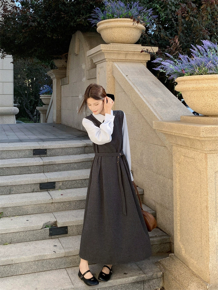 Retro Long Sleeve Faux Two-piece Dress