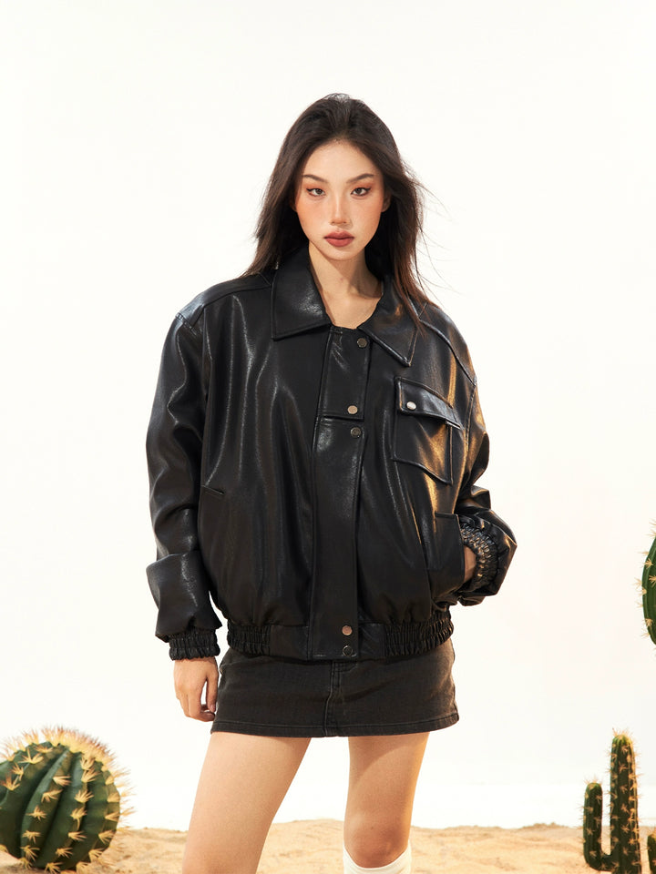 Snap Buttons Classic Leather Jacket