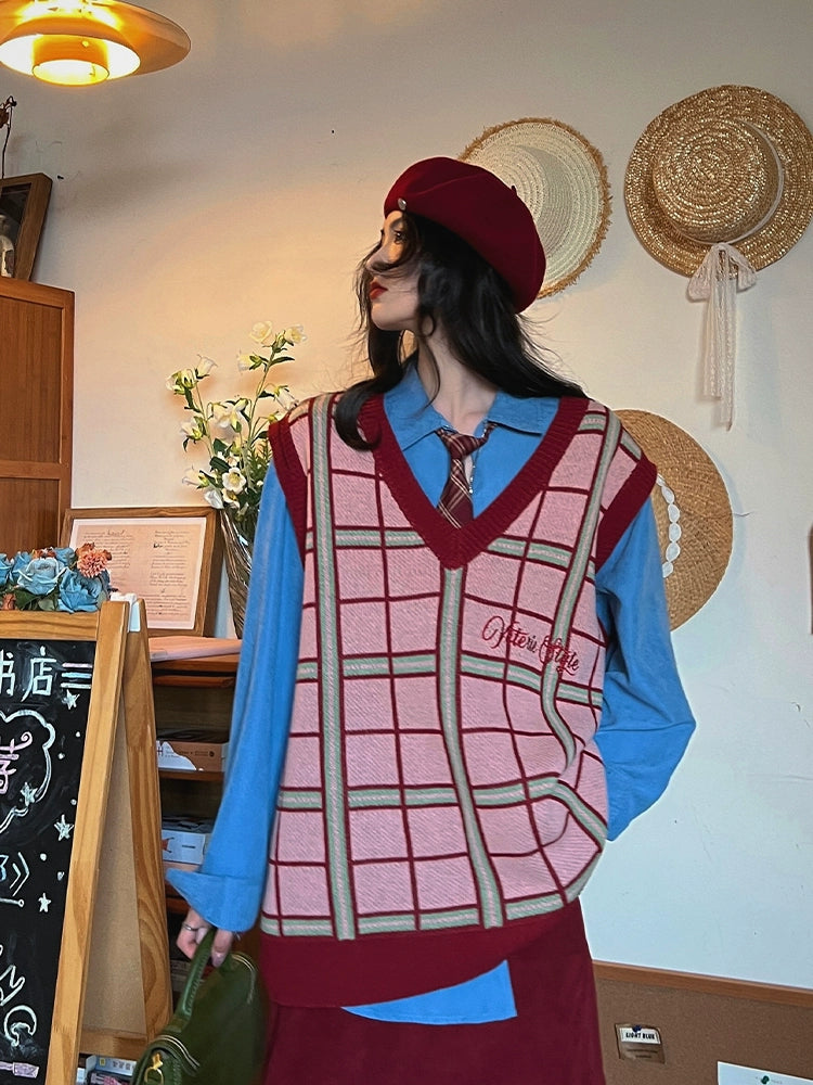 V-Neck Plaid Wool Sweater Vest