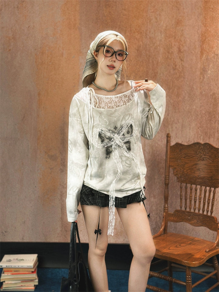 Lace Ribbon Accent Wool Sweater