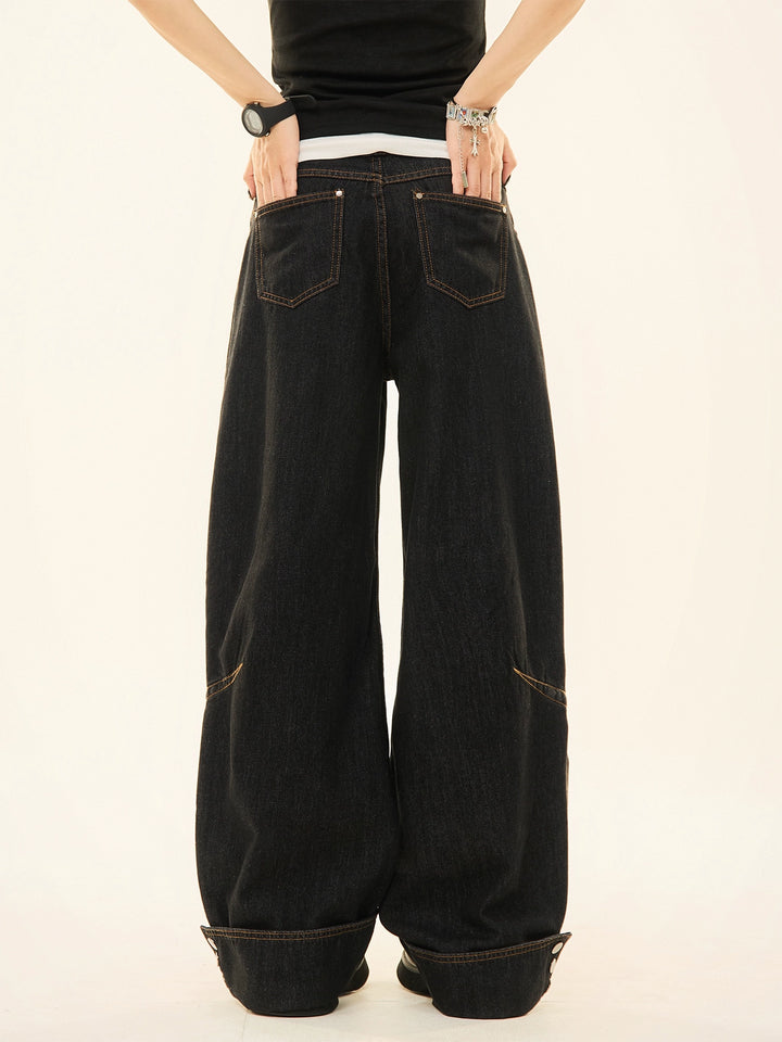 Button Decoration Wide-Leg Denim Pants