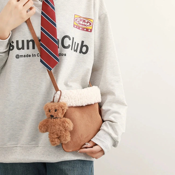 Plush Trim Teddy Bear Bucket Bag