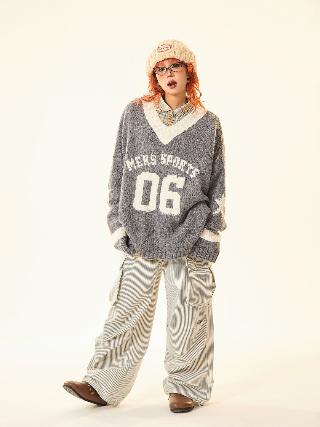 Star Number Print Oversized Knit Sweater
