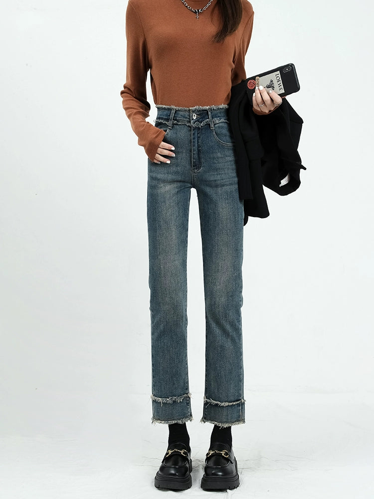 Frayed Hem High-Waisted Jeans