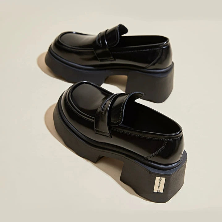 Chunky Heel Thick Sole Leather Shoes