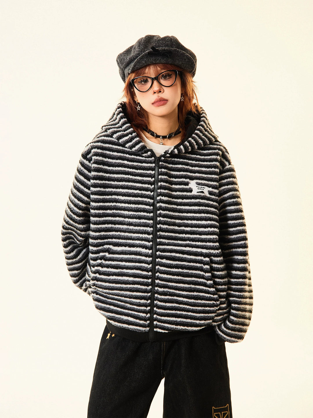 Graphic Hooded Striped Short Coat