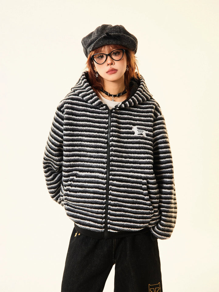Graphic Hooded Striped Short Coat