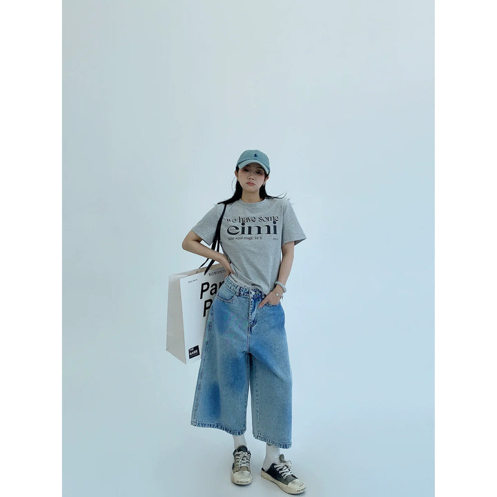 Washed Distressed Straight Cropped Denim Pants
