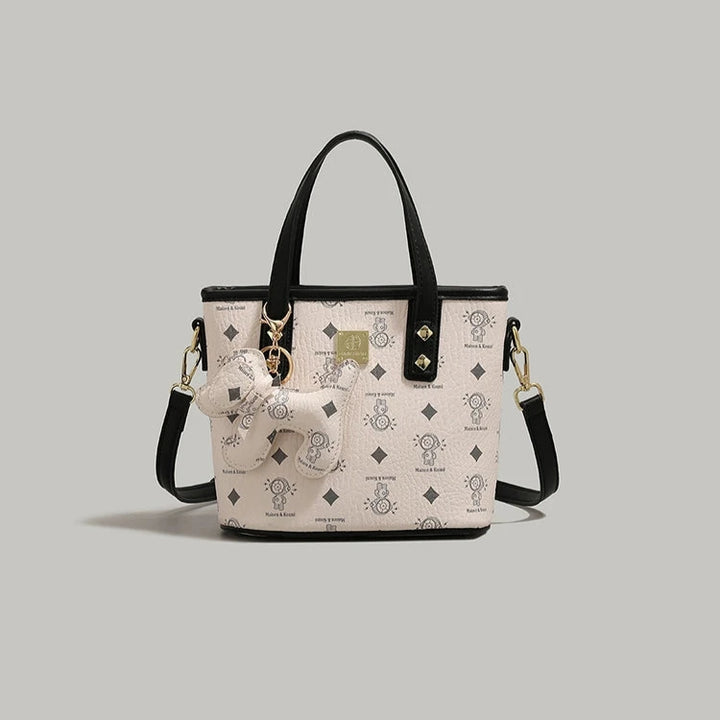 Bear Charm Patterned Bucket Bag