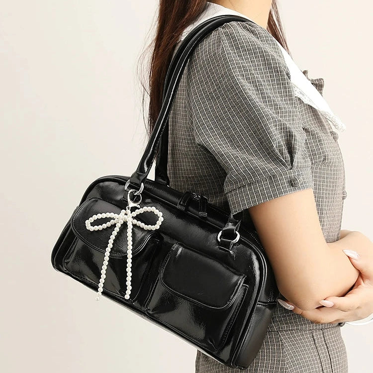 Pearl Accent Leather Handbag