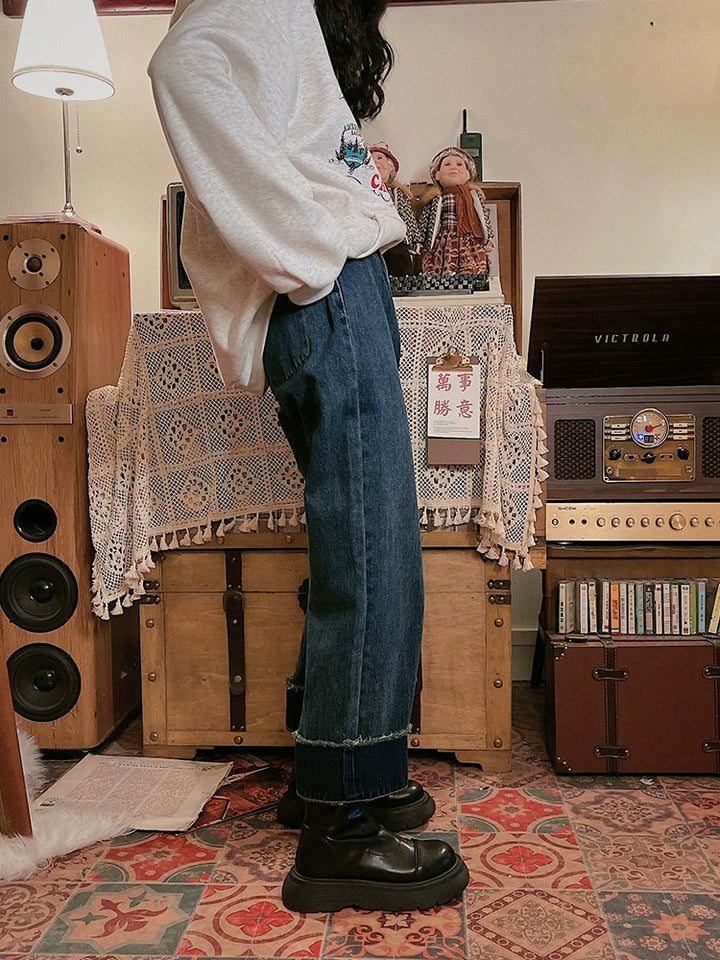 Rolled Hem Casual Denim Pants