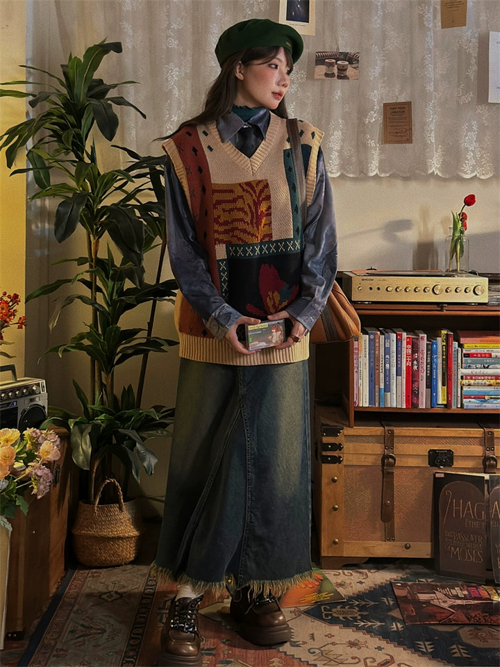 Knit Patchwork Sweater Vest