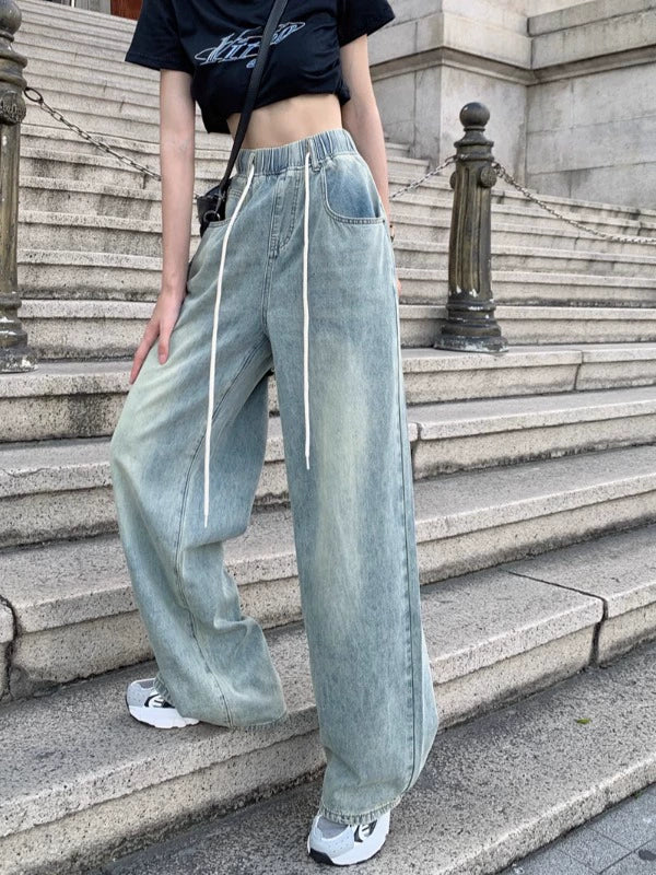 Wide-Leg Drawstring Denim Pants