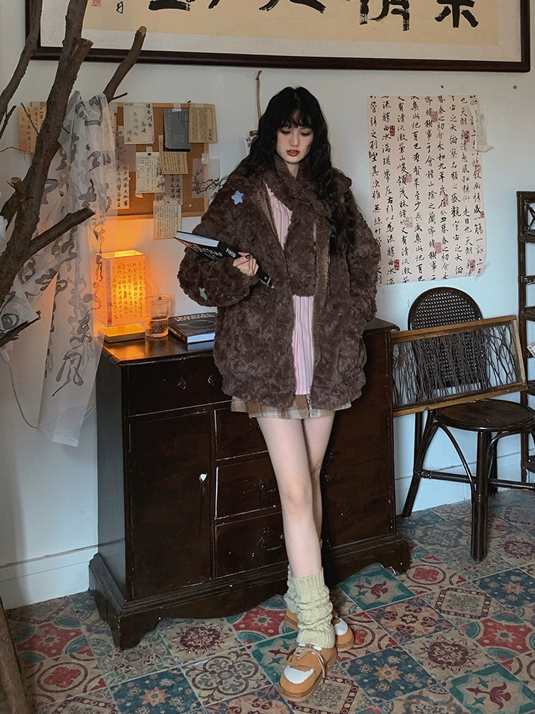 Star Patch Accent Faux Fur Short Coat