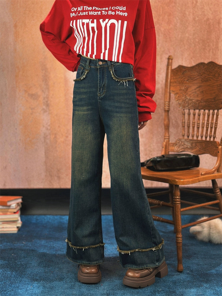 Wide Leg Frayed Hem Denim Pants