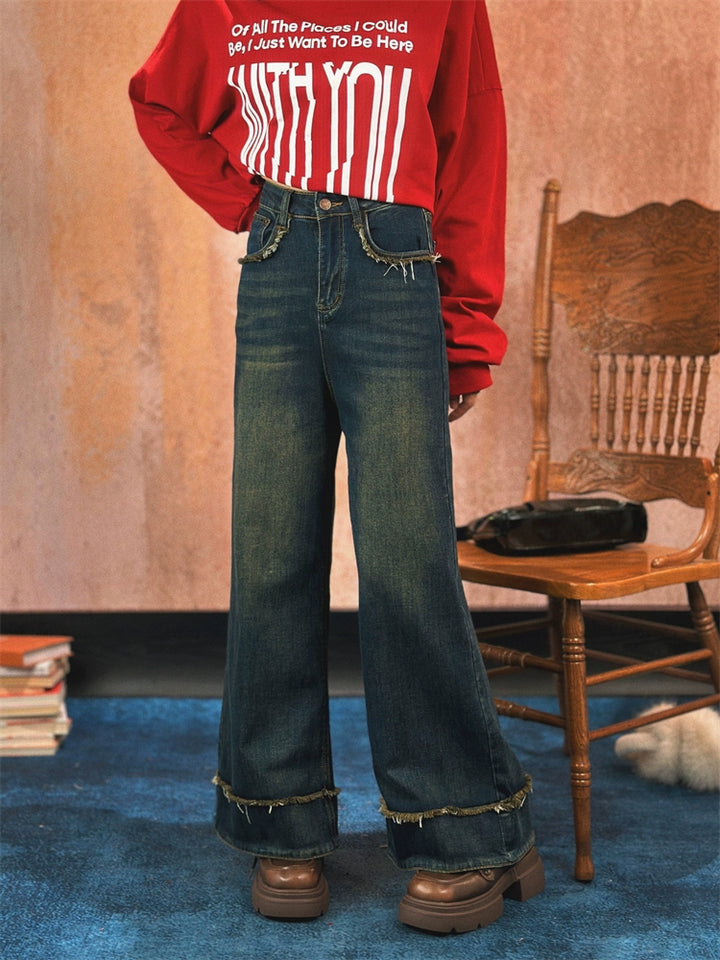 Wide Leg Frayed Hem Denim Pants