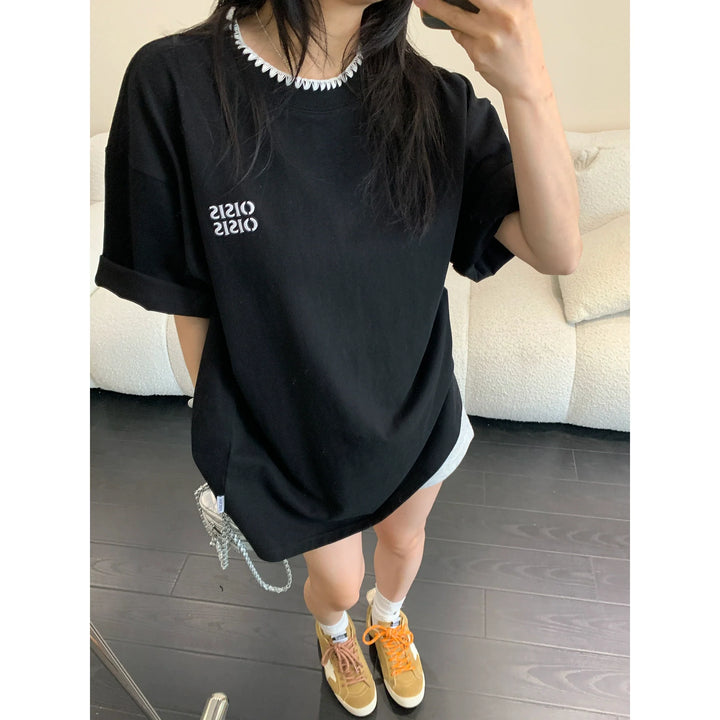 Embroidered Loose Fit Short Sleeve Turtleneck