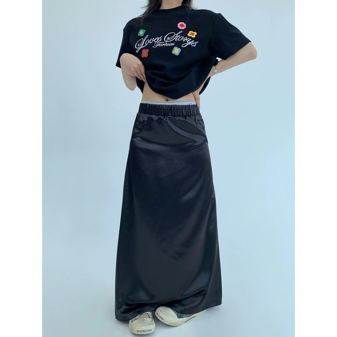 Satin Maxi Straight Skirt with Elastic Waist