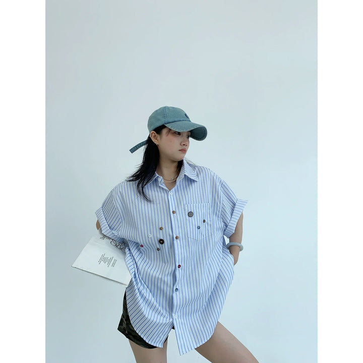 Striped Loose Multi-Button Short Sleeve Shirt