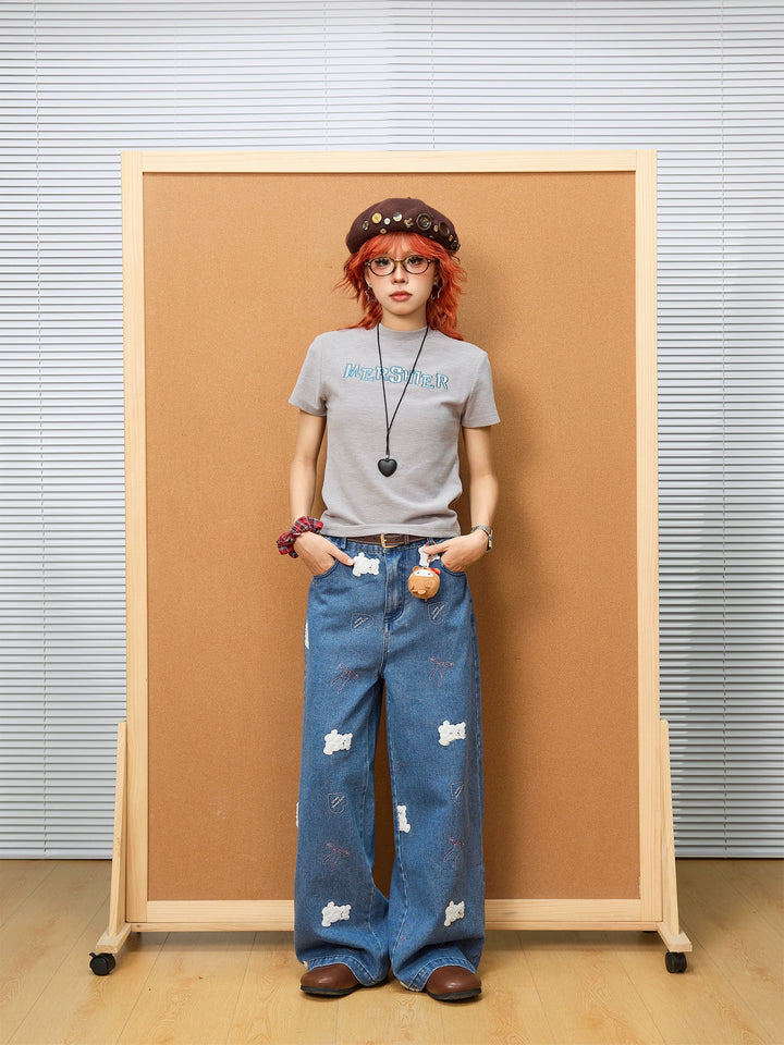 Bear Embroidered Wide-Leg Denim Pants