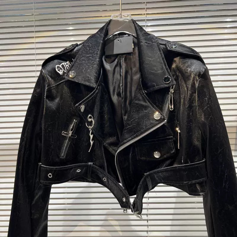 'Outsiders' Print Zipper Leather Jacket