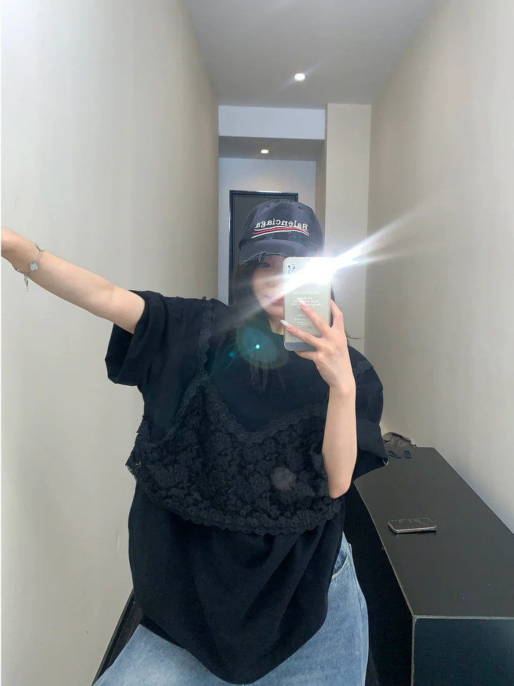 Lace Overlay Short Sleeve T-shirt