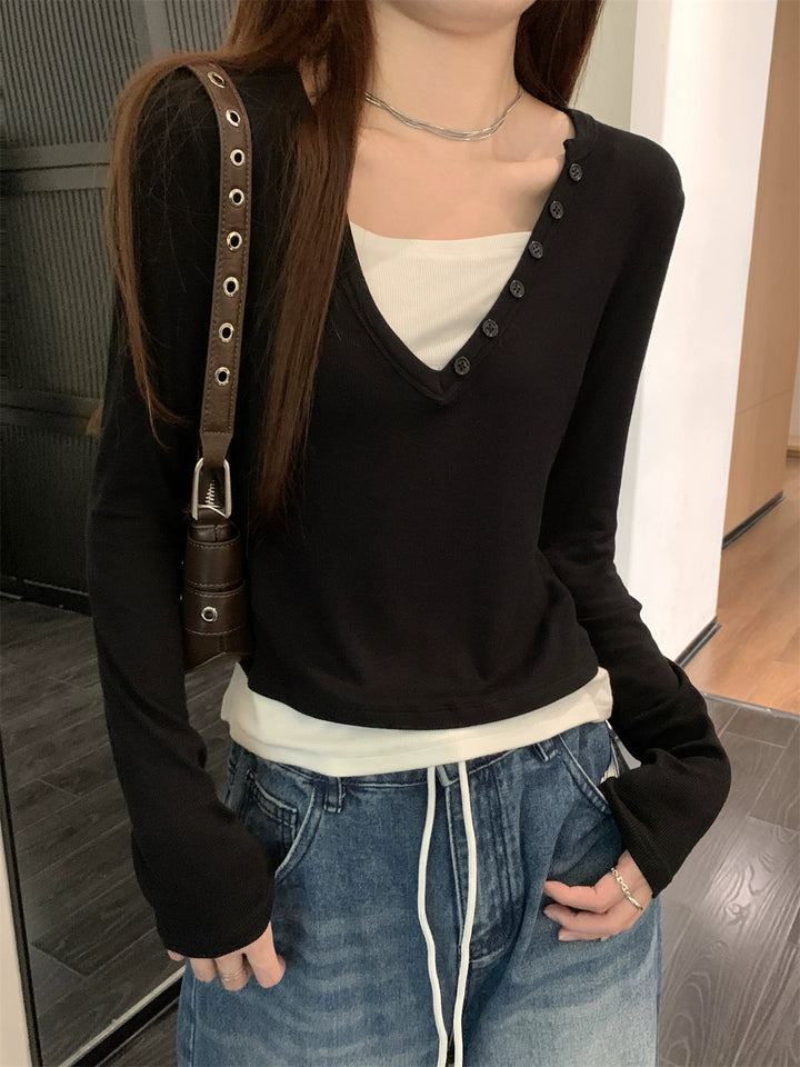 Long Sleeve Button Detail T-Shirt