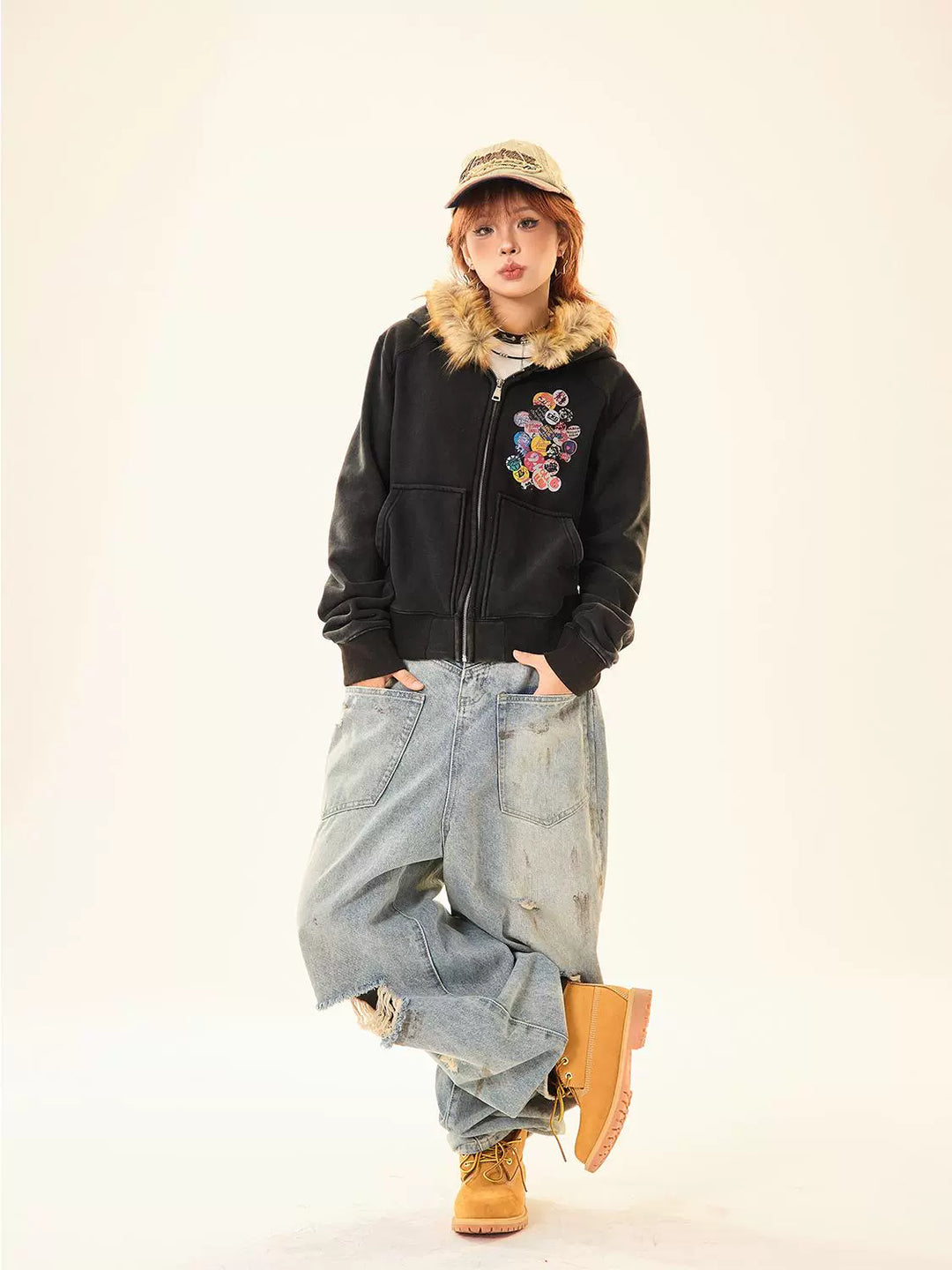 Embroidered Patches Hooded Short Coat