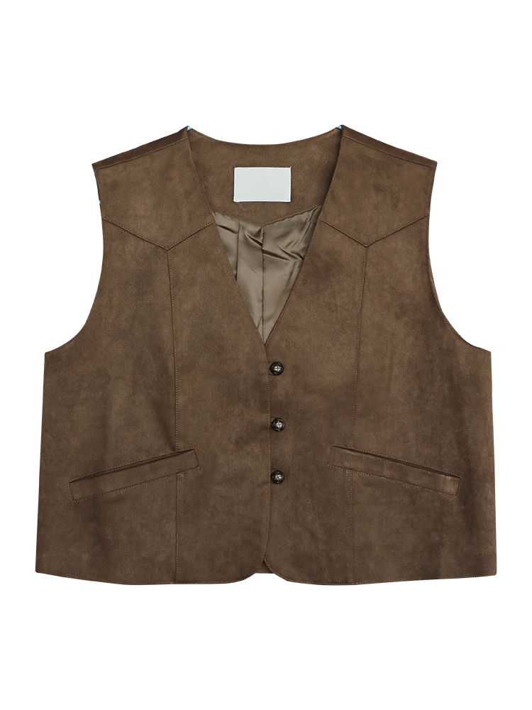Suede Button-Up Pockets Vest