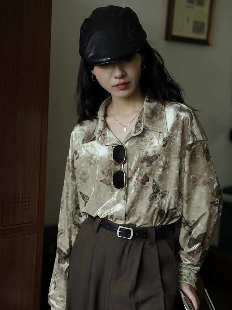 Butterfly Pattern Velvet Shirt