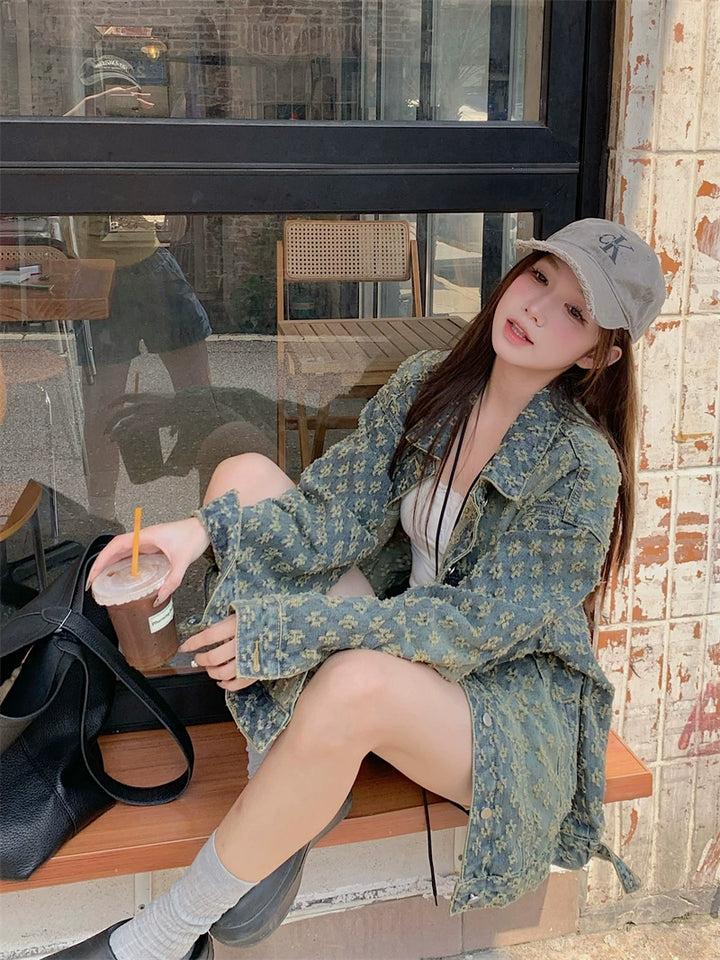 Oversized Patterned Denim Short Coat
